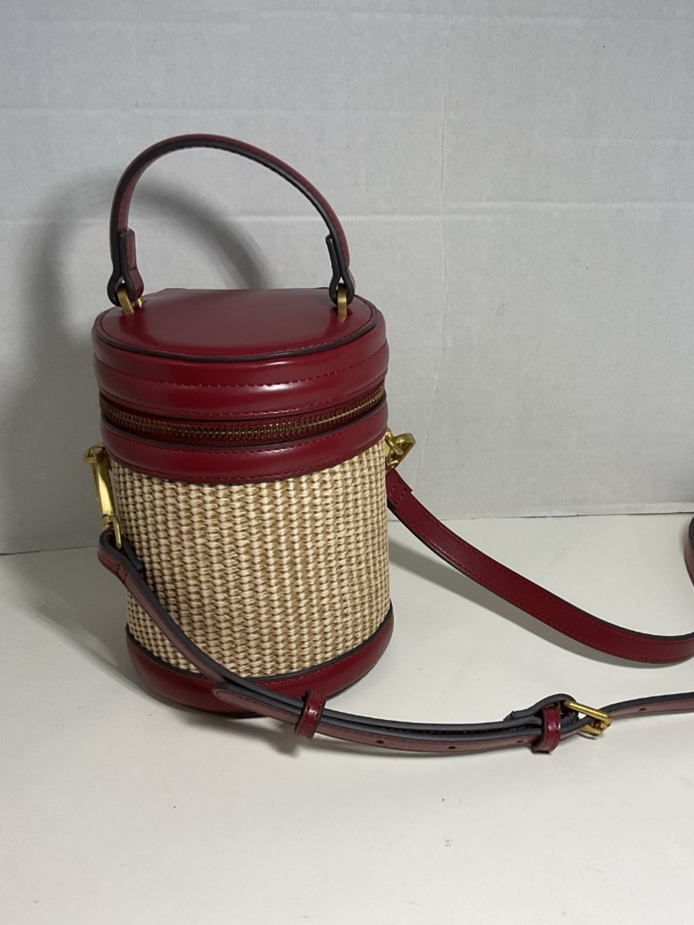 House Of Harlow 1960 Woven Straw Cylinder Vanity Bag Crossbody w/ Top Handle Red